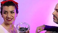 Brunette wife gives blowjob and swallows cum with blueberries