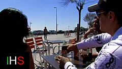 Latina blonde brunette foursome with monster cocks on beach