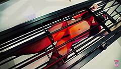 Naughty brunette escapes her tight cage to worship hot beauty