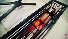 Naughty brunette escapes her tight cage to worship hot beauty