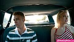 stepsiblings chloe cherry have sex in the car while parents drive.