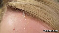 Hot Looker Gets Cum Shot On Her Face Eating All The Spunk