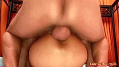 Masked Thai ladyboy gets bareback ass fucked hard