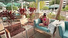 hot milf shows wet shaved pussy in public tub