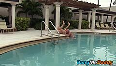 Handsome gay couple in bareback pool fuckfest with monster cock