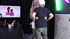 Blonde demonstrates blowjob and striptease showing tits and pussy