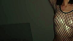The petite teen 18+ babe in fishnet gets fucked hard in doggystyle against the wall, reaching orgasm
