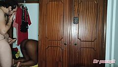 Ebony wife deepthroats big cock in wardrobe