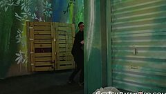 Bimbo Alex Blake blows big dick in the alleyway and fucks