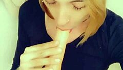 hey, this sexy shemale on her knees loves sucking cock so much