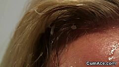 Kinky bombshell takes cumshot on face, swallows every drop of jizz in wild POV bukkake