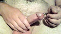 Bold toy play with cock sounding to cumshot