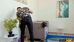 Russian Girl In Red Stockings Enjoys FFM Threesome Rimjob