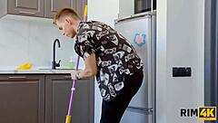 Russian Girl In Red Stockings Enjoys FFM Threesome Rimjob