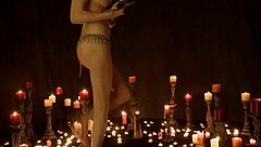 ritual with candles and self-pleasure in outdoor cosplay fantasy