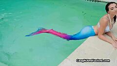 Wet Mermaid Teen Rides Big Cock By Pool In Voyeur Scene
