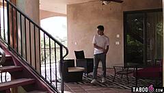 Asian teen neighbor flashes panties during blowjob with big cock