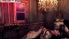 busty dominatrix pegging her worthless sub in fishnets