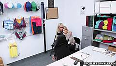 Blonde MILF Kylie Kingston and Daughter Natalie Knight Caught Shoplifting by Horny Cop in Office 3some