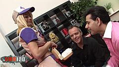 Deepthroat And Double Penetration In Crazy Threesome For Small Blonde