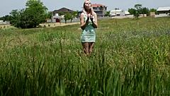 Does sensual young blonde Maria Rubio masturbate her small tits in the forest?