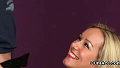 sexy stunner gets cum shot on her face gulping all the semen