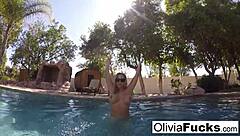 Olivia, the milf pornstar, masturbates nude in the pool