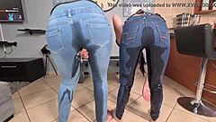 Two friends wet their blue jeans in desperation