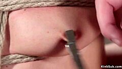 Flexible blonde slave tied up in extreme hogtie punished with dildo fucking bdsm