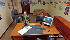 Pe teacher gives head teacher a milking blowjob in his office
