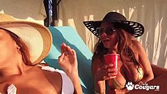 horny milfs scissoring in poolside cabana threesome 😈