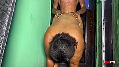 happy couple feels intense pleasure in best standing doggy fuck with big tits bouncing