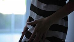 redhead babe michelle h undresses slowly, revealing shaved body in softcore solo!