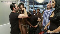 Tied ebony girl gets punished in interracial public bang