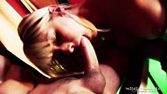 Sexy blonde rides two cocks hard