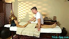 Teen intensely blows masseur's cock