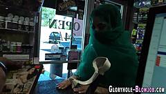 Cocksucking ho gets handjob, blowjob, and cumshot facial in interracial hardcore action.