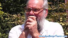 Busty European teen 18+ feels deep pleasure as grandpa doggystyles her with big tits bouncing