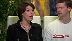 swinger brunette has interracial sex with strangers in red room 😏