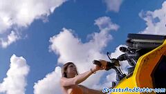 Busty beauty spoon fucked outdoors