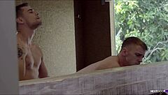 hunk rims friend bareback in bathroom