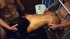 Brazilian latina slut fucks two guys at carnival party