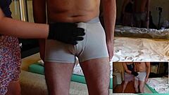 Femdom teases cock with handjob and slaps over pants.