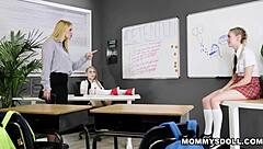 Stepsis Emma Starletto and Lily Larimar Spanked by Stepmom Sarah Vandella in Empty Classroom