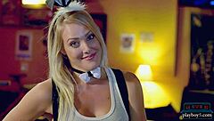 Blonde femdom dominates in comedy show