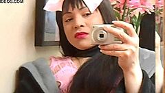 Horny Shemale Surprises with Shaved Cumshot Masturbation.