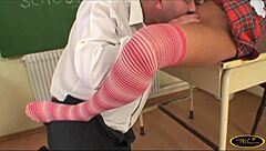 Cheerleader in skirt takes monster cock in wild classroom bang