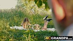 Young Babe Swallows and Rides Older Big Cock in Outdoor Action