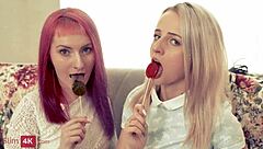 guy gets tempted into sex with blonde and her pink-haired bestie, starting with masturbation and ending in doggystyle cumshot