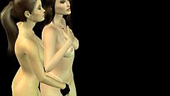 An animated cartoon 3d video of two cute girls having lesbian fun with kisses and positions